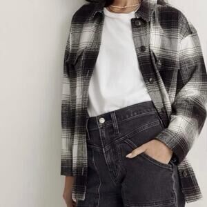 Madewell Twill Flannel Shirt Jacket Womens 3X Brown Cream Windowpane Plaid